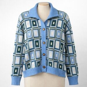 BP Geometric Knit Button Cardigan Sweater Blue M Granny Square Cottagecore Y2K